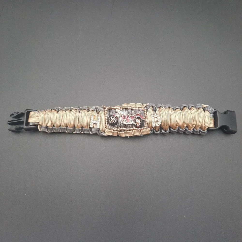 Paracord Motorcycle Themed Bracelets W/Plastic Buckle & Metal Charm Orange & Bla